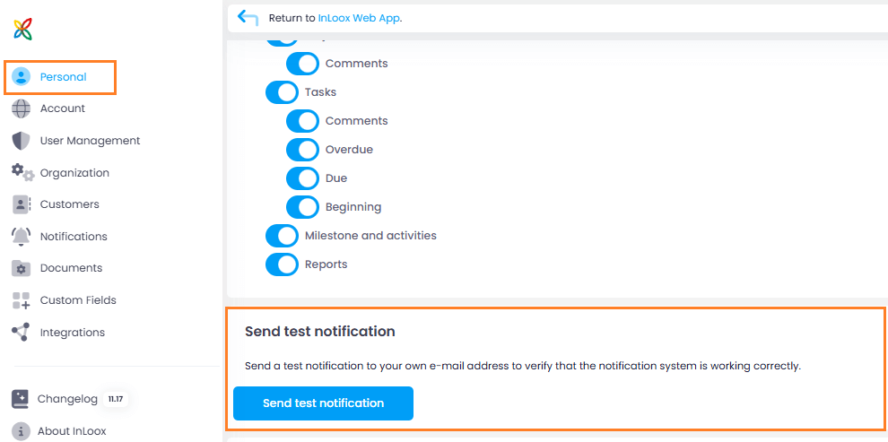 Sending test mail notifications
