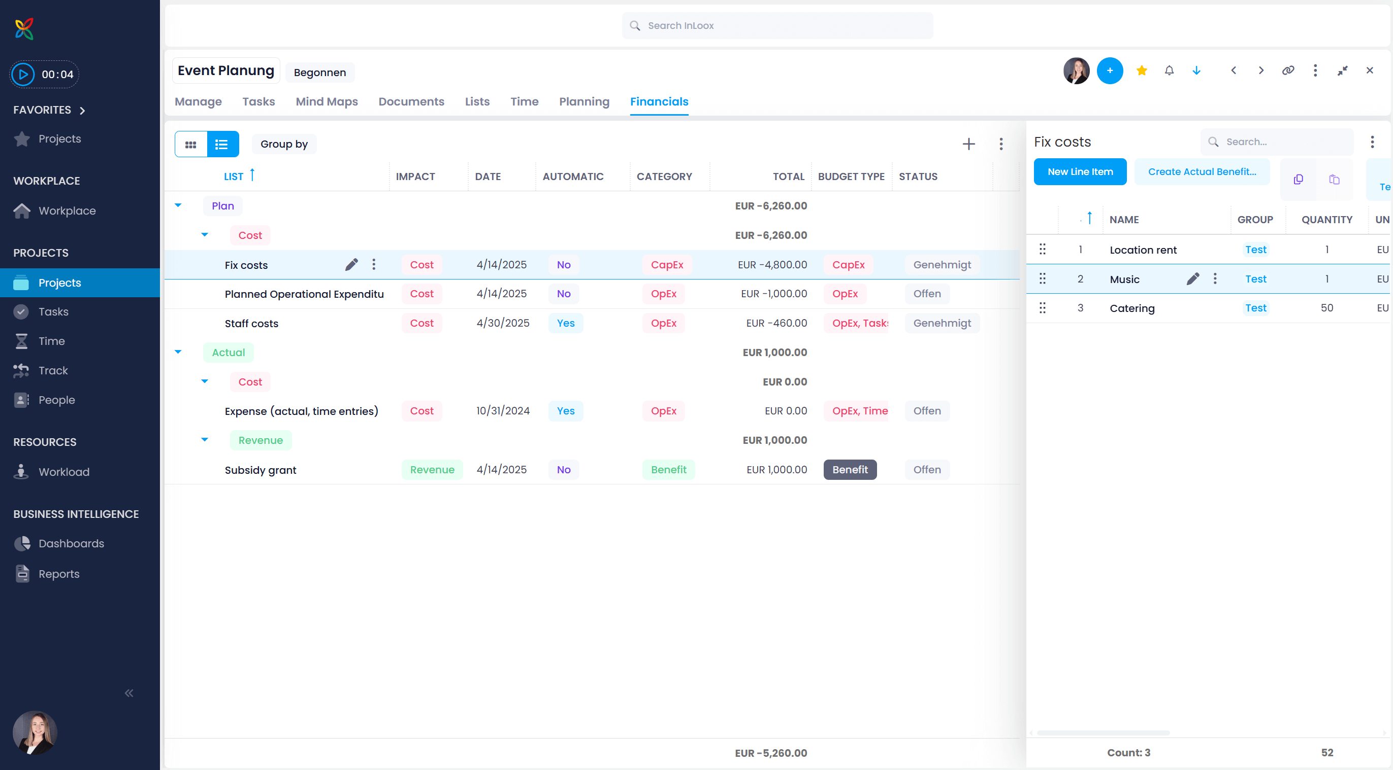 Financials in InLoox