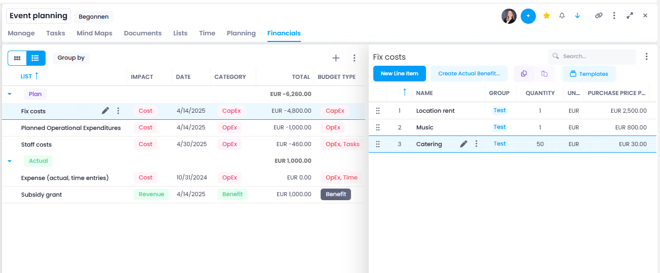 Project financials in list view