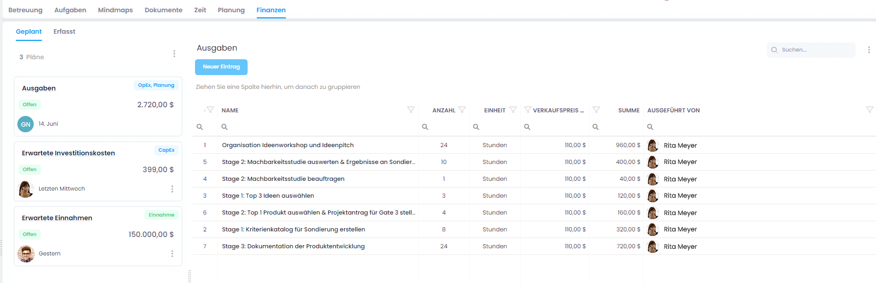 Financials in InLoox Web App