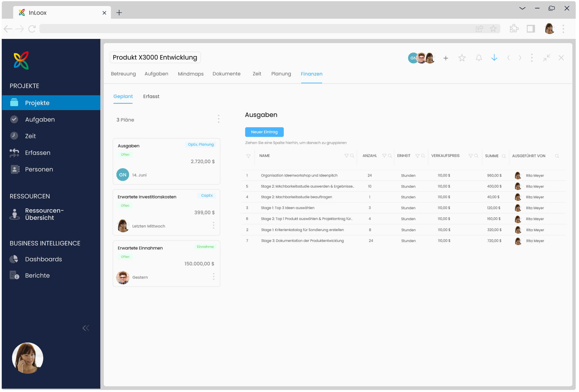 Financials in InLoox Web App