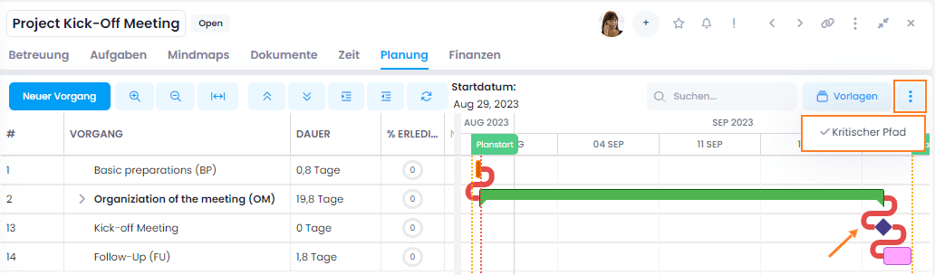 Kritischer Pfad in der Gantt-Planung in InLoox Web App