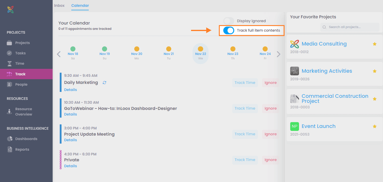 Track calendar appointments - New setting: Track full item contents