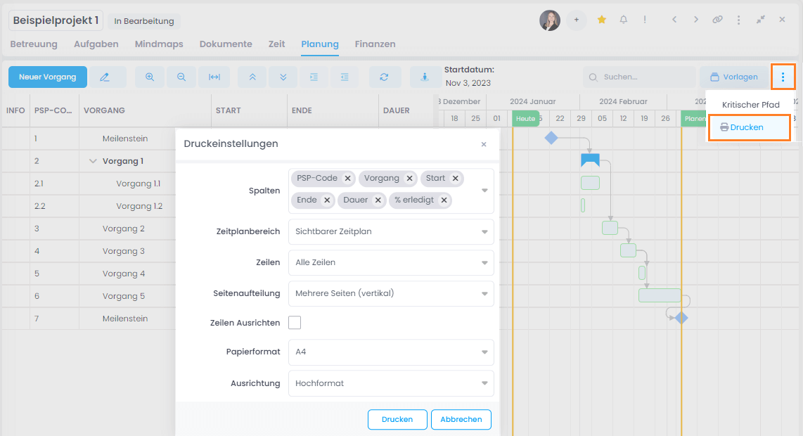 Drucken der Gantt-Planung in InLoox Web App