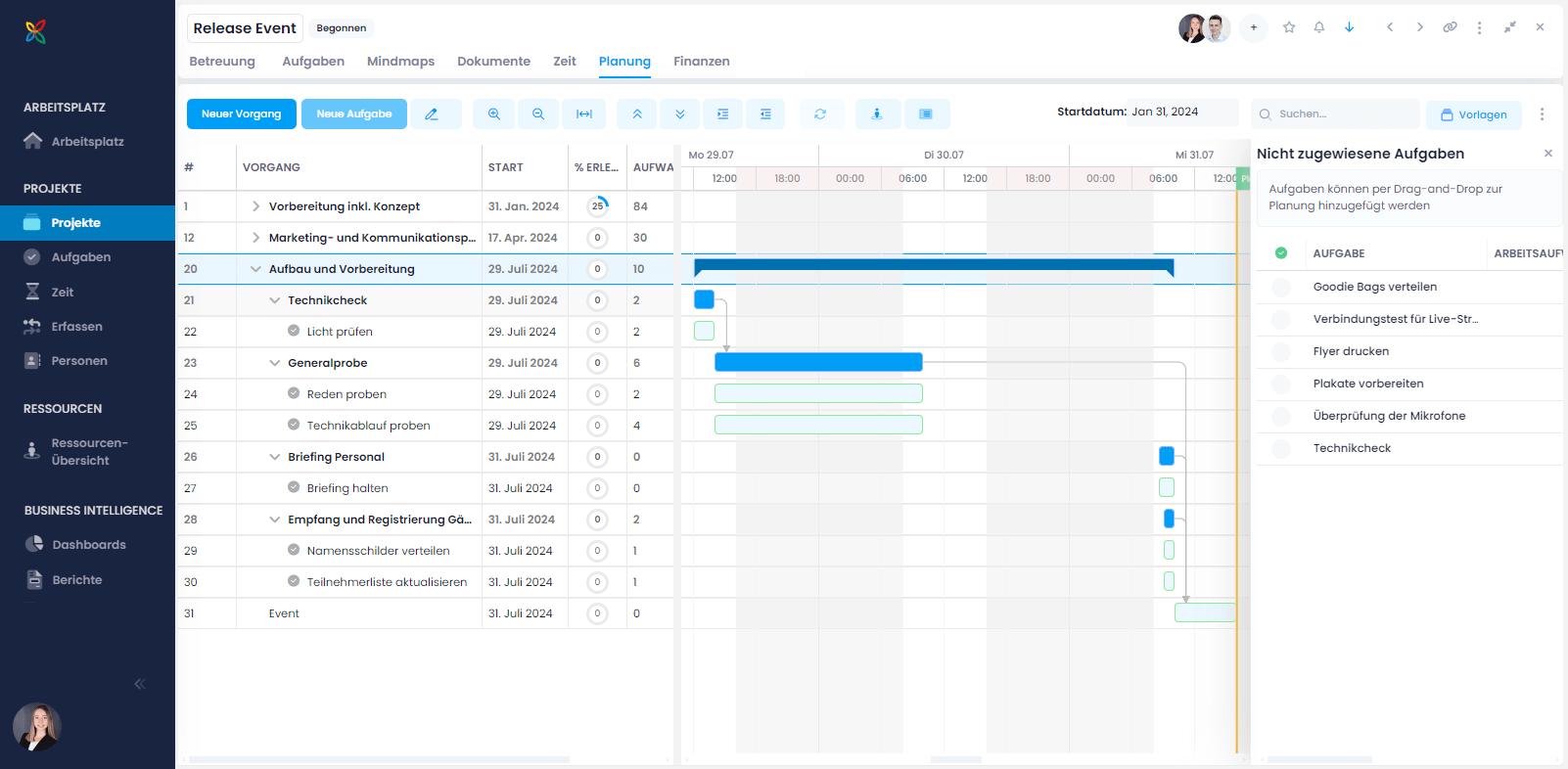 InLoox Gantt-Planung inkl. Aufgaben