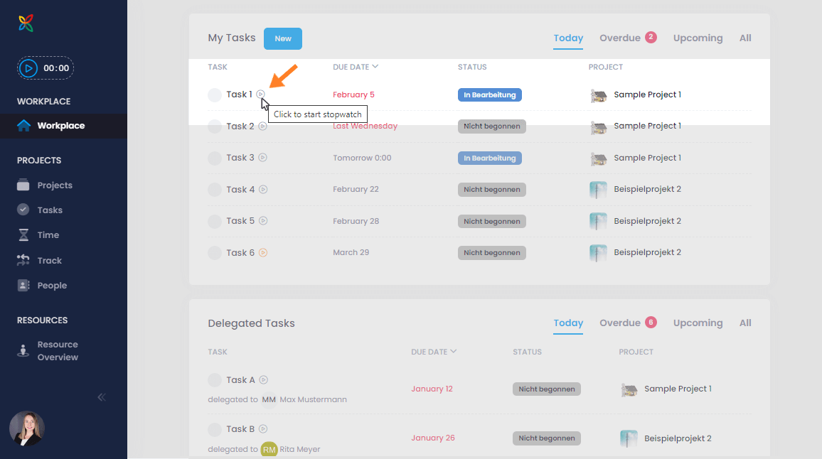 Workplace in InLoox with tasks and stopwatch feature