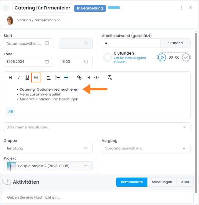 Format "Durchgestrichen" in der Aufgabenbeschreibung