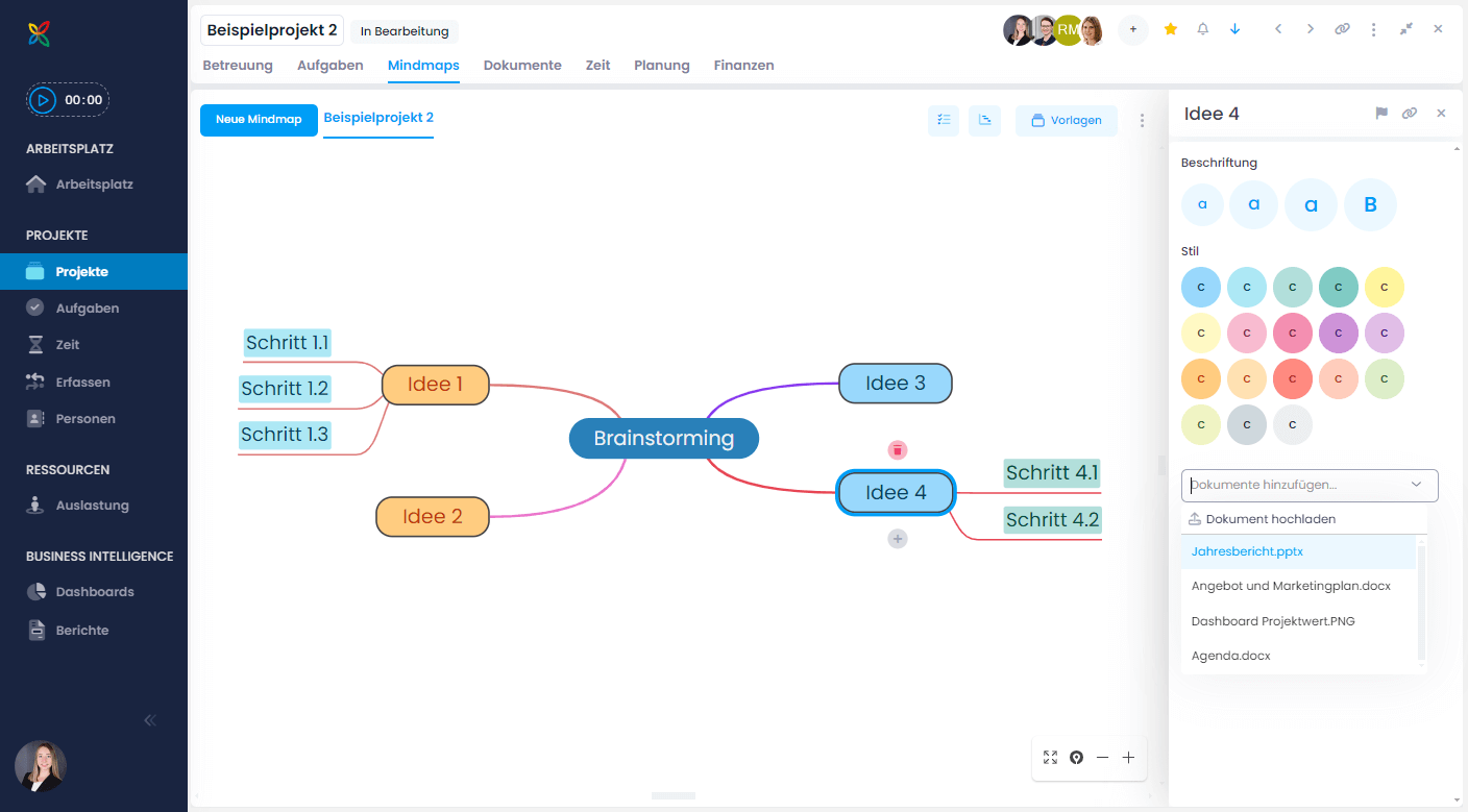 Mindmap in InLoox Web App - Formatierung bearbeiten & Dokumente hinzufügen