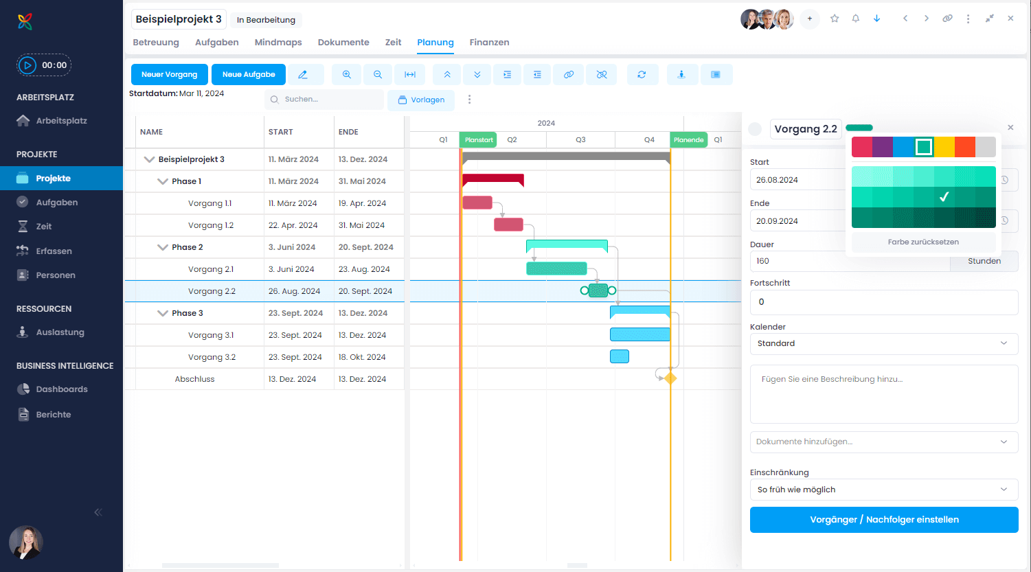 Planung in InLoox Web App - Vorgänge farblich markieren