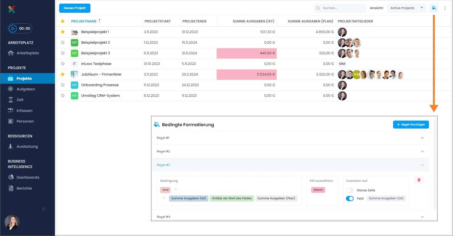 Bedingte Formatierung in InLoox Web App: Zwei Felder in Bezug setzen