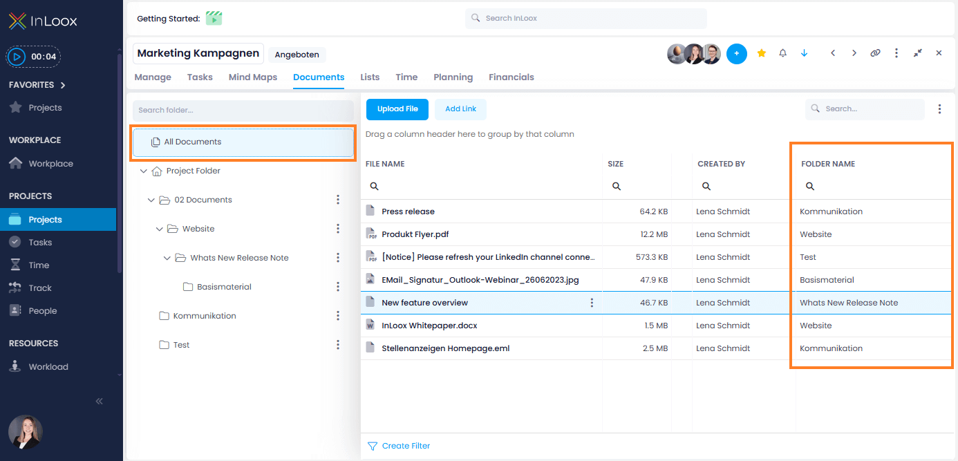 Virtal folder "All Documents" and new column "Folder Name"
