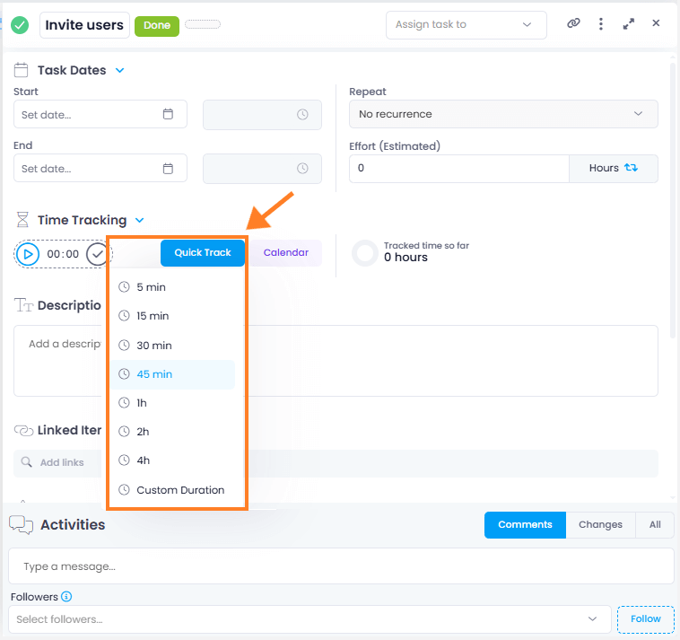 Quick Track of Time in Tasks