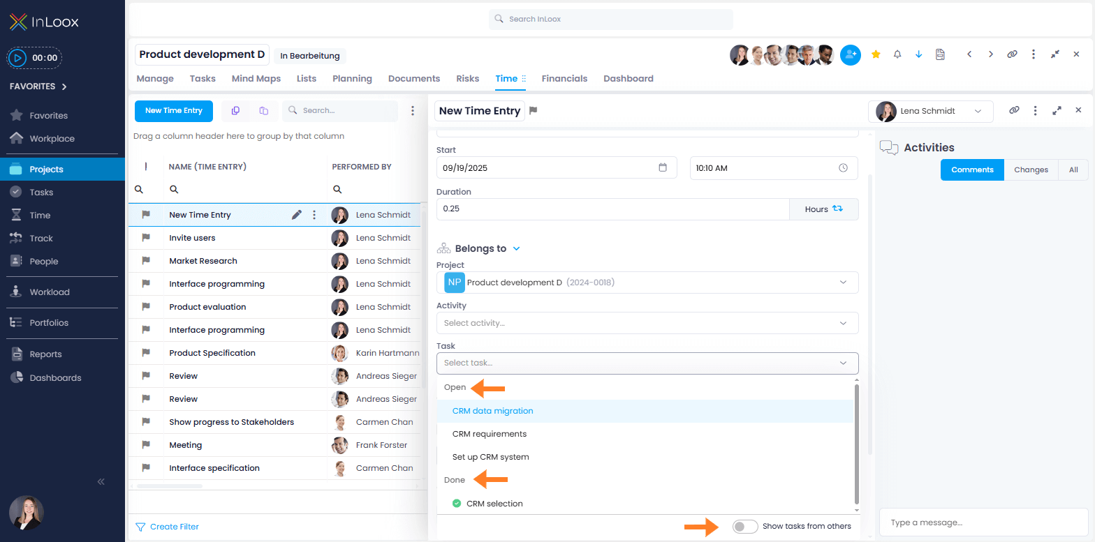 Create time entry: Open vs. done tasks & toggle for showing tasks from others
