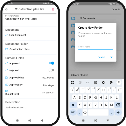Mobile App: Document details incl. custom fields and folder creation