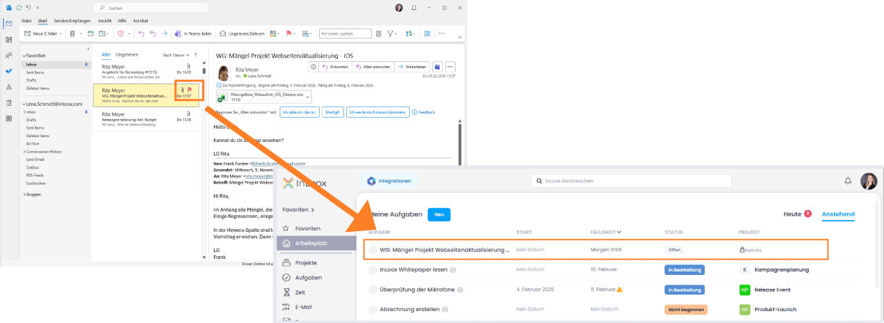 Gekennzeichnete E-Mail in Outlook erstellt InLoox Aufgabe