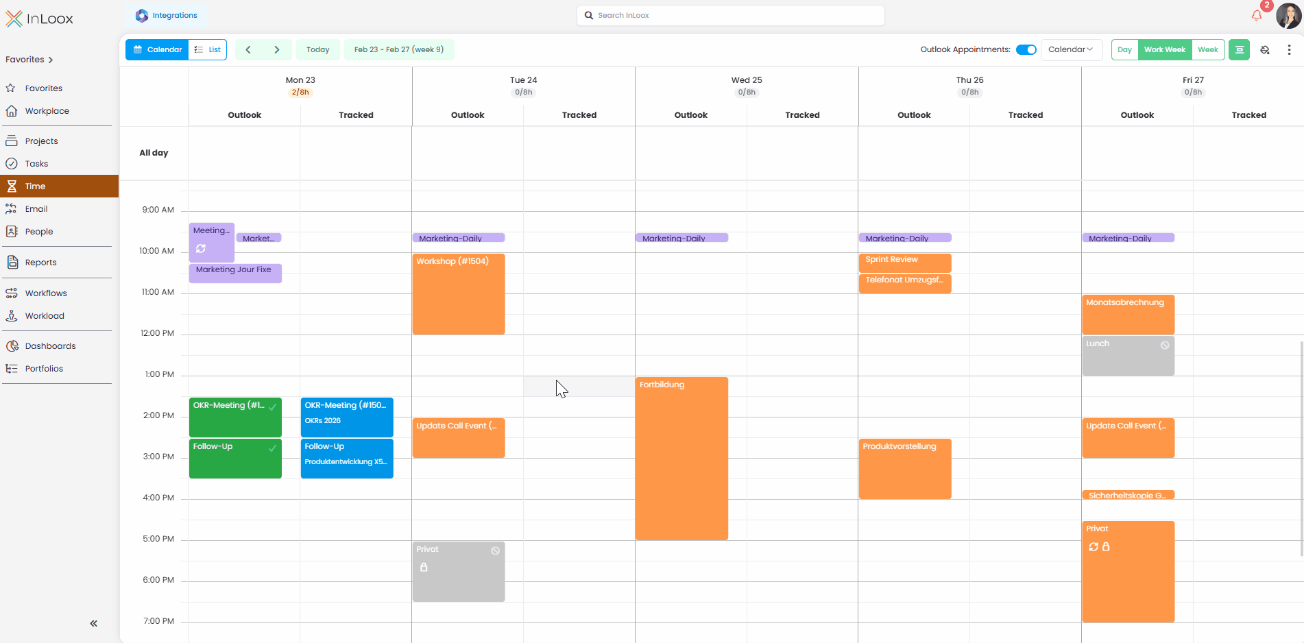 Time tracking of Outlook calendar entries