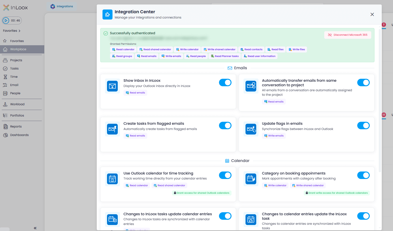 Integration Center in InLoox: Connect Microsoft 365 (Outlook, SharePoint & more)