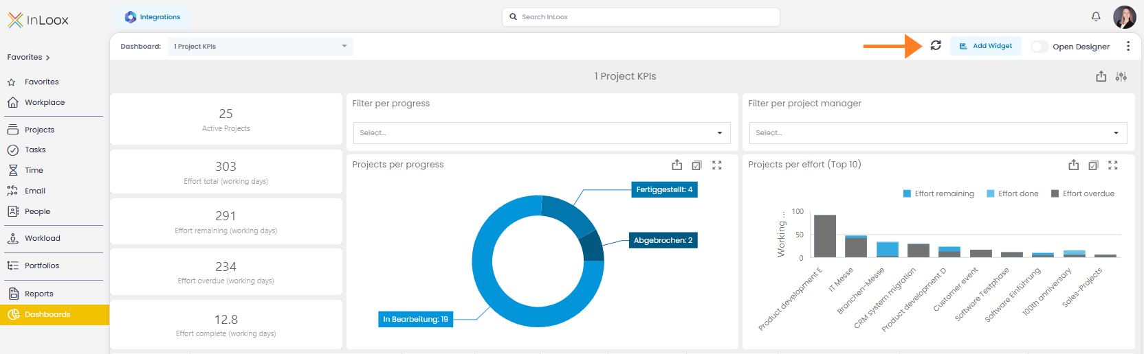 Dashboard including refresh button