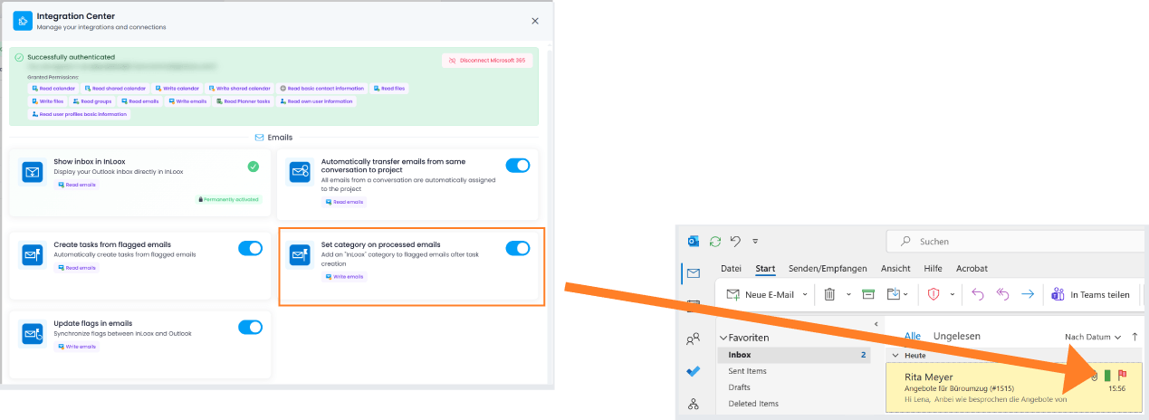 Set InLoox category on processed/flagged mails