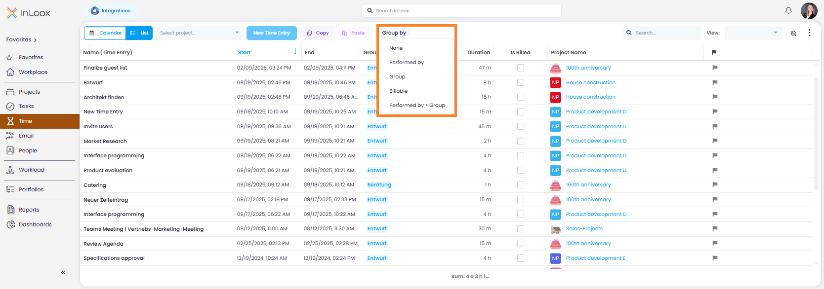 Quick grouping in time tracking list