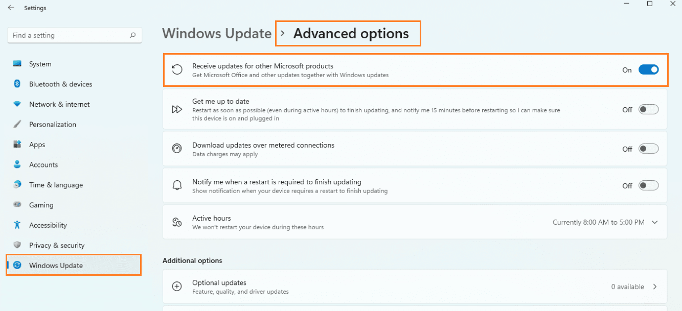 Windows Update - Activate toggle "Receive updates for other Microsoft products"