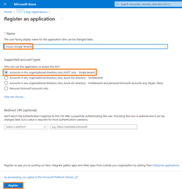 Register application - name and supported account types