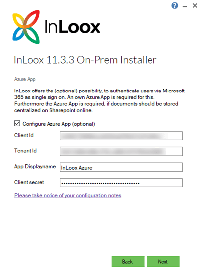 Enter informaton in InLoox OnPrem setup