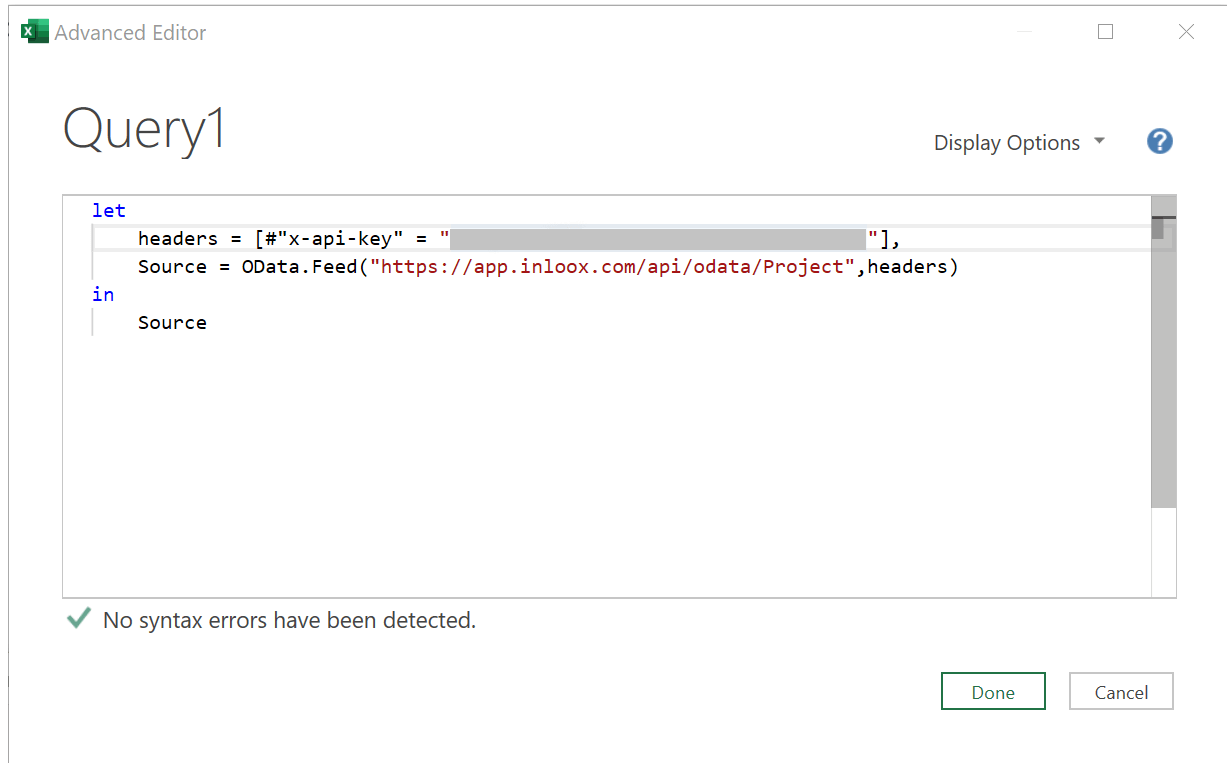 Enter query of x-api-key and OData.Feed