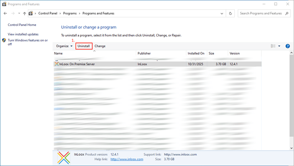 Click "Uninstall" for InLoox OnPremise Server