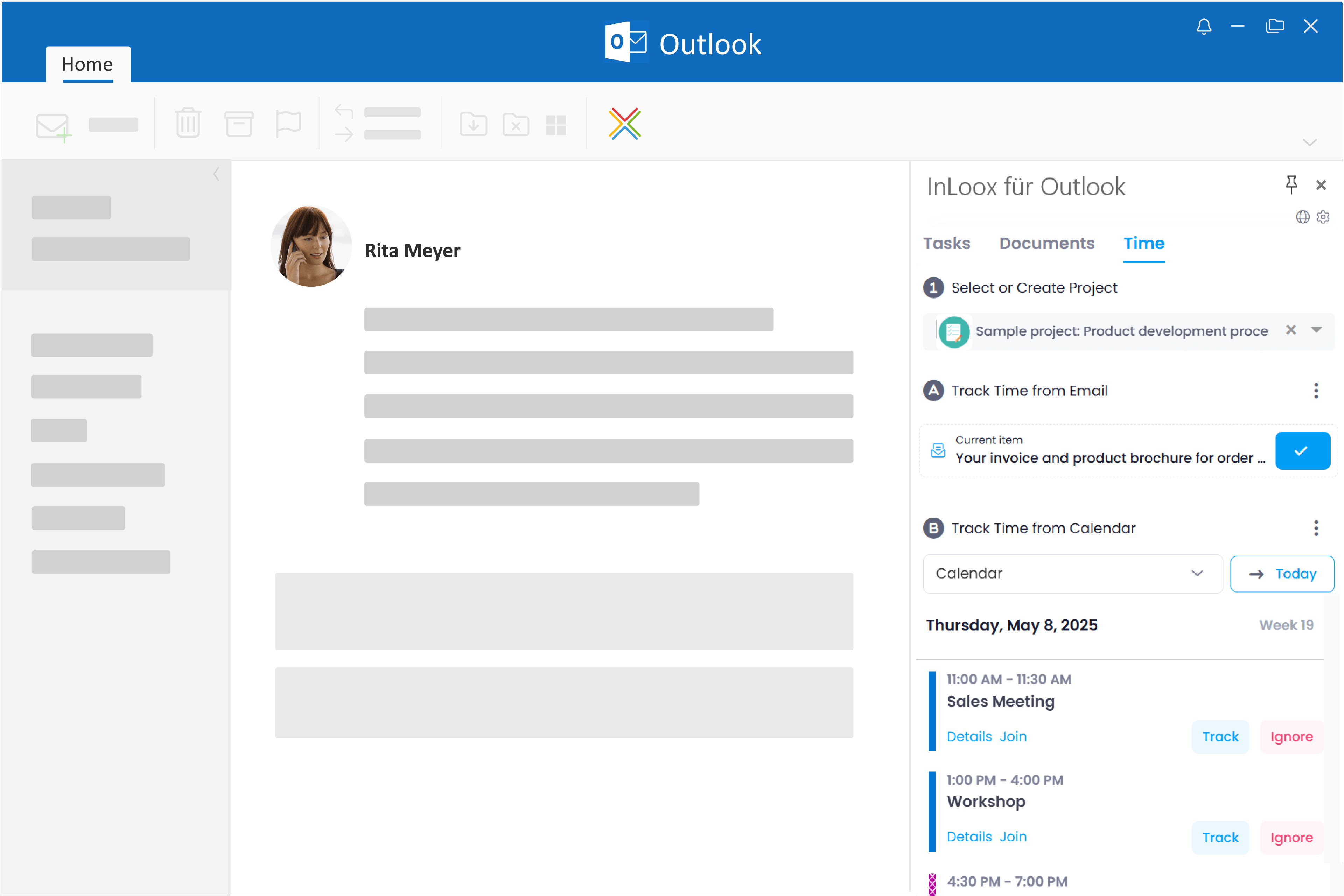 Book time from Outlook calendar entries and mails on projects