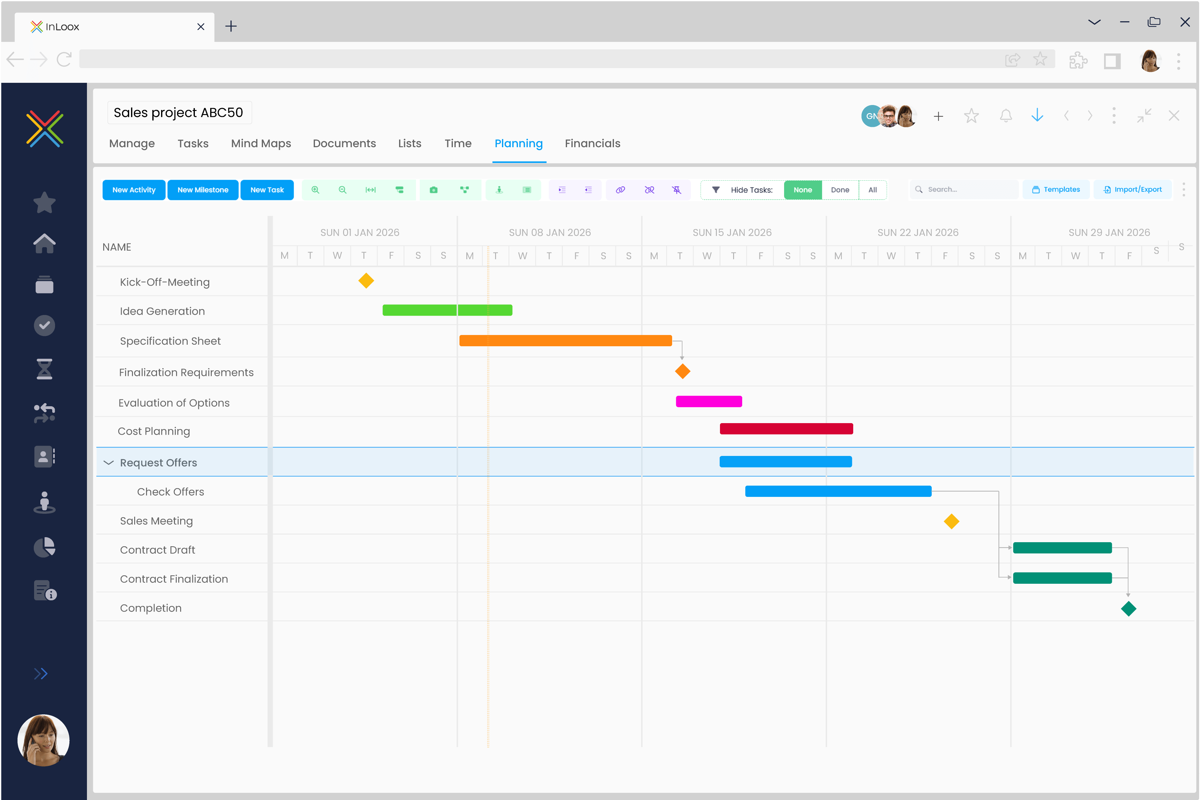 Project time planning in InLoox using Gantt charts