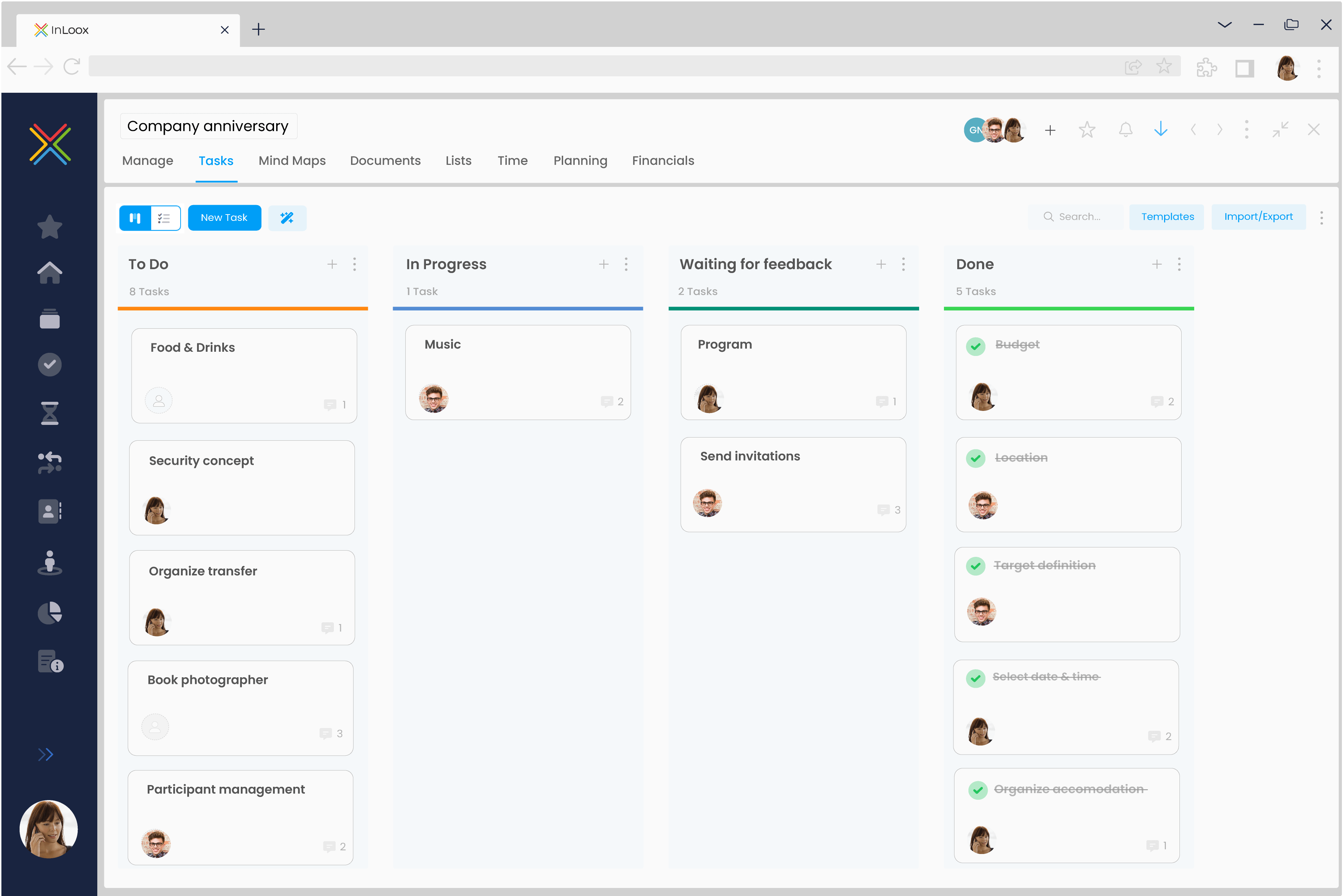 Kanban board for agile task management in InLoox